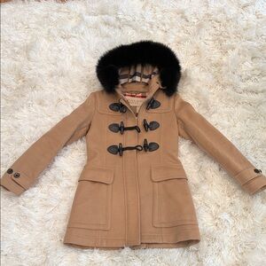 Burberry Brit Tan Pea Coat with Black Faux Fur Hood - size US 6
